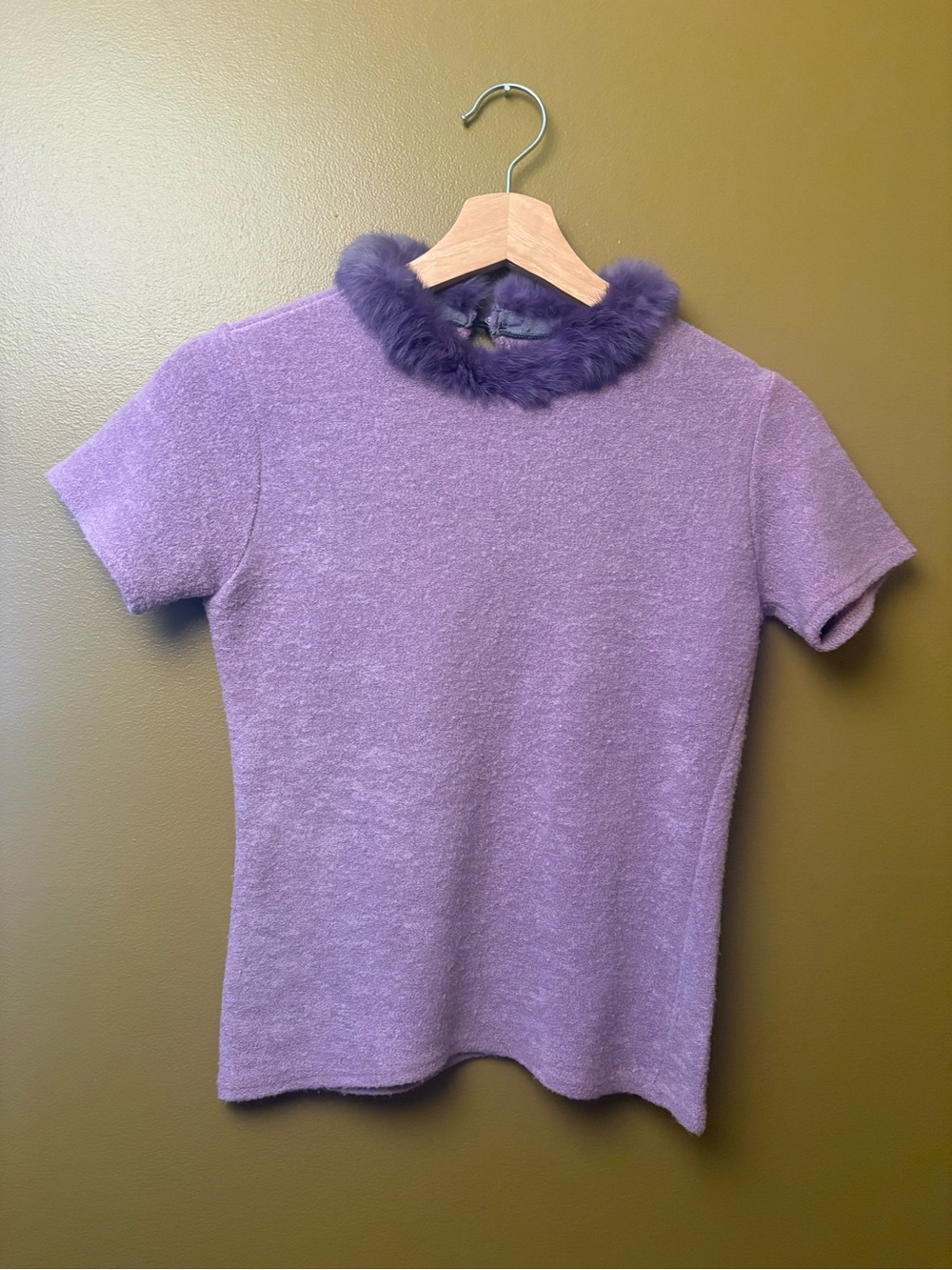 Vintage Purple Short Sleeve Top with Real Fur Trim